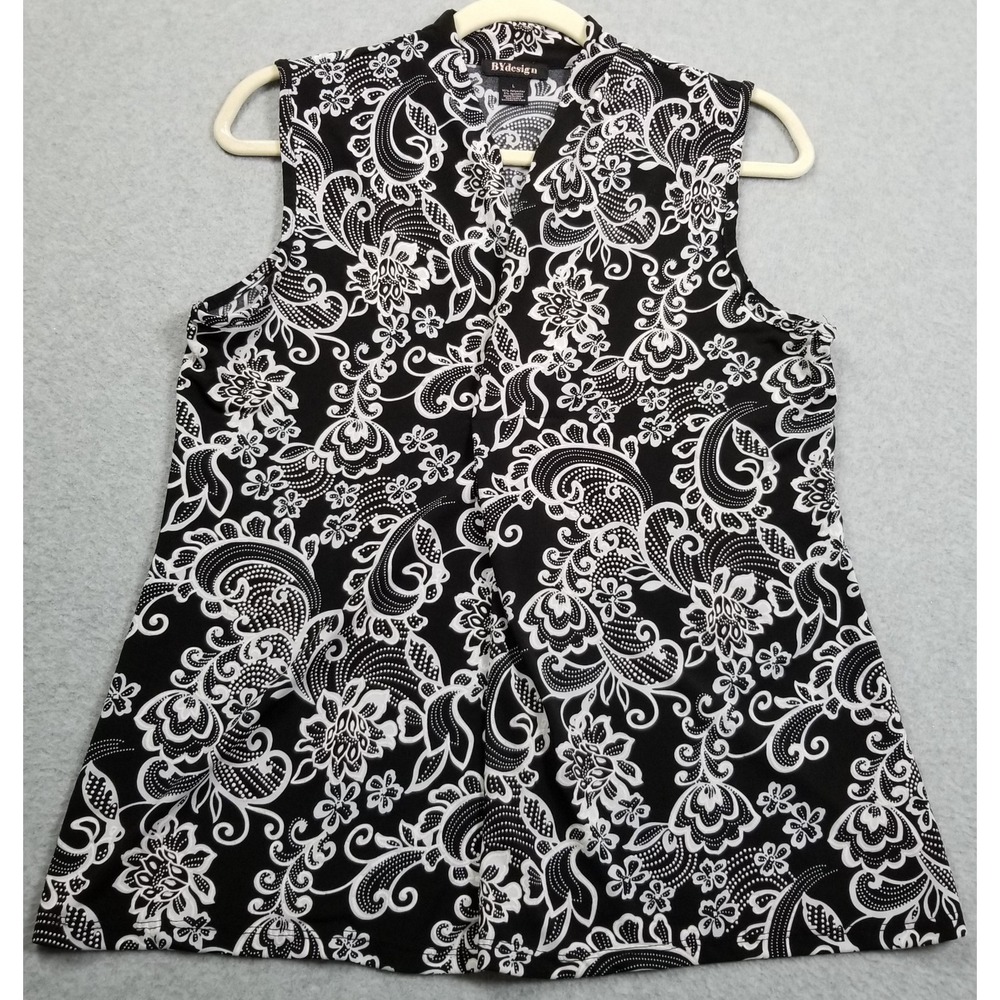 BYdesign Tank Top Women's Large L Black White Floral Sleeveless Stretch Jersey